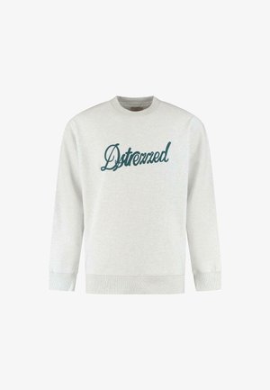 Lichtgrijze sweatshirt met een ronde hals, lange mouwen, geribbelde manchetten en een cursieve donker groene "Dstrezzed" logo aan de voorkant.