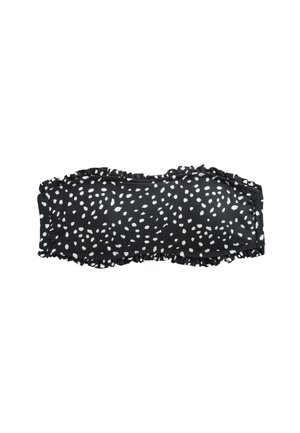 Czarny top od bikini typu bandeau z białymi nieregularnymi plamami i falbankowymi brzegami, położony płasko na białym tle.