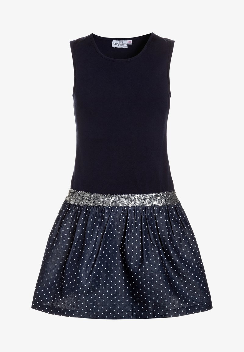 Robe marine avec un haut sans manches et une jupe à pois ; ornée d'une ceinture en sequins argentés pour plus de détail.