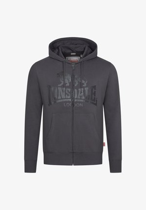 Grå zip-up hoodie med et frontgrafik af to løver og teksten "Lonsdale London". Den har en hætte med snor og to frontlommer.