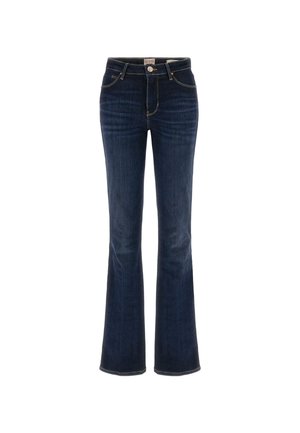 Jeans a zampa d'elefante blu scuro in denim, con un design a cinque tasche, cuciture a contrasto e chiusura frontale con bottone.