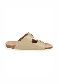 Goldener Glitzer-Slidesandal mit zwei verstellbaren Riemen, Korkfußbett und weißer Gummisohle. Flaches Design mit offener Zehen- und Fersenpartie.