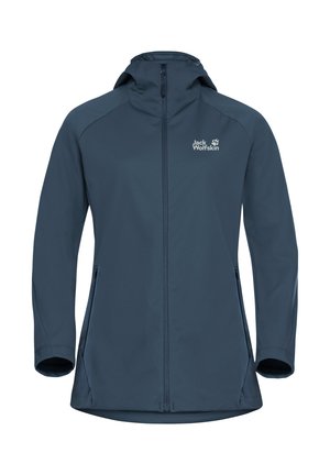 Marineblaue Softshell-Jacke mit zweiwegigem Reißverschluss, verstellbarer Kapuze und zwei Seitentaschen. Sie zeichnet sich durch eine glatte Textur und ein Logo auf der Brust aus.