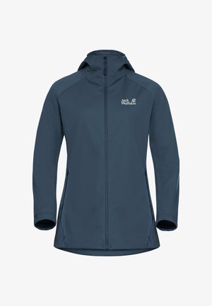 Navy blue softshell jacket with a zip front, adjustable hood, and two side pockets. Features a smooth texture and logo on the chest.