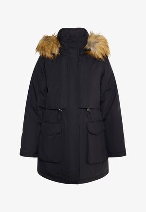 Melna pūkainā jaka ar noņemamu mākslīgās kažokādas kapuci. Iekļauj priekšējos pogu kabatas un regulējamu auklu vidukli. Gluda, matēta virsma.