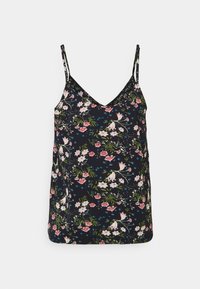 Camisola con stampa floreale in blu scuro con spalline sottili, caratterizzata da fiori rosa e bianchi e foglie verdi su uno sfondo contrastante.