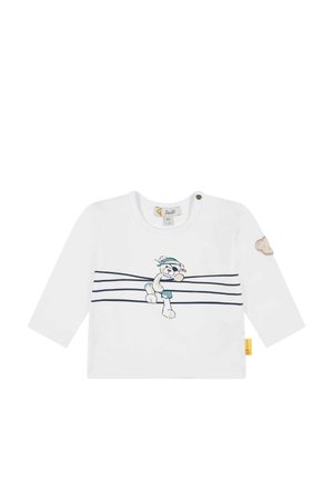 Camiseta blanca de manga larga para bebé con rayas azul marino y un dibujo de un oso pirata con parche en el ojo y bandana en el pecho.