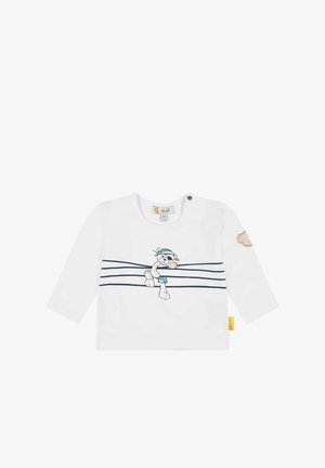 Maglietta bianca a maniche lunghe per bambini con righe blu navy e grafica di un orso pirata che indossa una benda e una bandana sul petto.