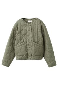 Prošívaná zelená bunda s kulatým výstřihem, zapínáním na druky a dvěma předními kapsami. Má vlnitý vzor prošívání a zkrácený střih.