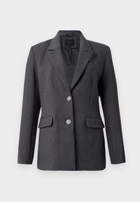 Blazer grigio scuro realizzato in tessuto testurizzato, con un design a un petto, rever a punta, due tasche anteriori e dettagli in bottoni argentati.