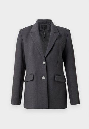 Blazer grigio scuro realizzato in tessuto testurizzato, con un design a un petto, rever a punta, due tasche anteriori e dettagli in bottoni argentati.