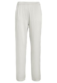 Pantalons gris clair, amples avec une texture lisse et douce et une taille élastique. Comprend des jambes droites et aucun motif visible ni matériel.