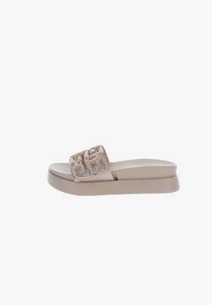 Sandalo platform beige con fascia larga caratterizzato da decorazioni geometriche con strass e suola texture.