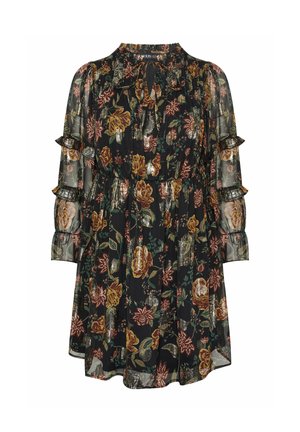 Schwarzes Blumenkleid mit langen transparenten Ärmeln, Rüschendetails, einem gerafften Taillenbereich und goldfarbenen Blumenmustern auf dem gesamten Stoff.
