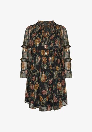 Schwarzes Blumenkleid mit langen transparenten Ärmeln, Rüschendetails, einem gerafften Taillenbereich und goldfarbenen Blumenmustern auf dem gesamten Stoff.