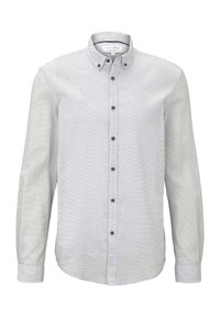 Camicia con maniche lunghe e bottoni in grigio chiaro con un delicato motivo a righe, dotata di bottoni marroni e un design di colletto classico.