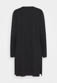 Long black cardigan with long sleeves and side slits, shown from the back on a white background.