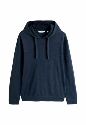 Tume sinist värvi kapuutsiga pullover pikkade varrukatega ja nööriga kapuutsiga, tasapinnal valge tausta vastu eksponeeritud.