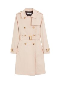 Beige dvouřadový trenčkot s páskem, ramenními epauletami, knoflíkovými manžetami a předními kapsami.