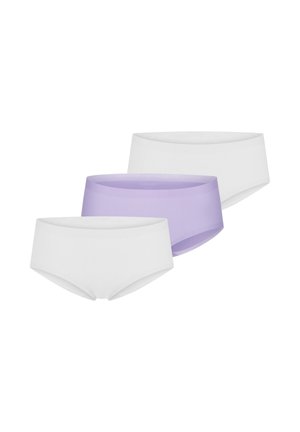 Trois slips sans coutures pour femmes en blanc, blanc et lavande, disposés en rangée décalée sur fond blanc.