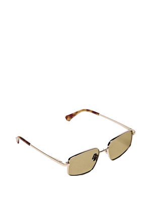 Metal sunglasses with a silver frame and green-tinted lenses. Rectangular lenses, thin temples with a brown gradient at the tips.
