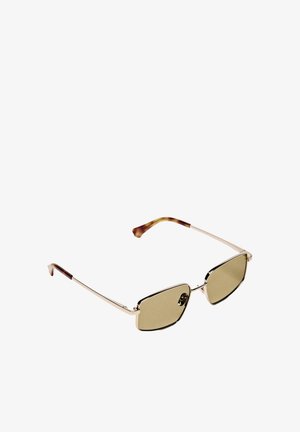 Metal sunglasses with a silver frame and green-tinted lenses. Rectangular lenses, thin temples with a brown gradient at the tips.