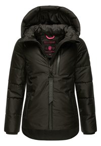 Black puffer jacket with a zip closure, adjustable hood, and two side pockets. Features quilted texture and logo detailing on zipper.
