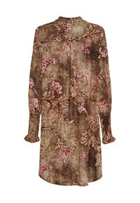 Brun blomsterprintet kjole med lange ærmer, i en afslappet pasform, blød tekstur og flæsekantede manchetter. Bagfra ses krave- og sømdetaljer.