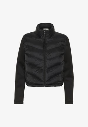 Sort pufferjakke med et chevron-design, der har en høj krave og sorte fleeceærmer. Inkluderer sidelommer med lynlås.