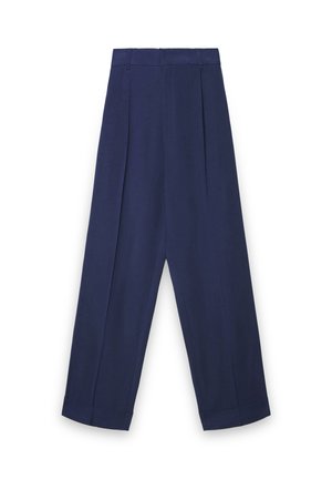 Pantaloni blu navy con vestibilità ampia, caratterizzati da due pieghe frontali, una gamba larga e un orlo pulito. Realizzati in un tessuto liscio.