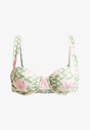 Bikini-Oberteil mit Unterwuchs in Grün mit floralem und wellenförmigem Muster. Verfügt über Raffung, verstellbare Träger und einen Clipverschluss.