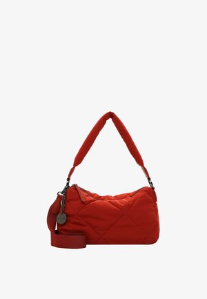 Puna katterdatud kangast käekott, millel on pehme, pehmendatud sang ja reguleeritav rihm. Omab lukuga kaant ja dekoratiivseid metallosi.