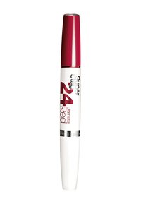 Flytande läppstift i en vit förpackning med maroon kork. Utmärks av djärv röd text: "Super Stay 24 Ultimate Red." Snygg, avlång form.