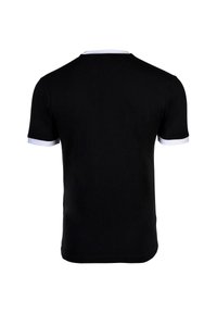 Black short-sleeve t-shirt with a white ribbed collar and sleeve cuffs. Smooth fabric texture and fitted design. Back view shown.