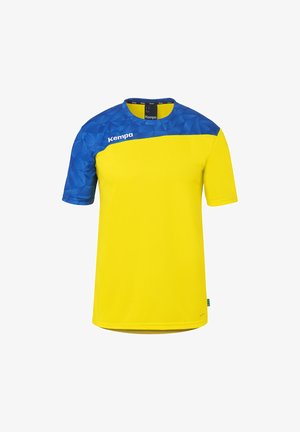 Korte mouwen sportshirt met een geel lichaam en een blauw yoke met geometrisch patroon en linkermouw, met een Kempa-logo op de borst.
