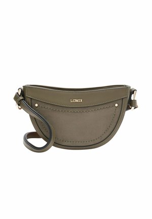 Olive green crossbody bag with a curved design, smooth texture, visible stitching, and a gold-tone logo; adjustable strap.