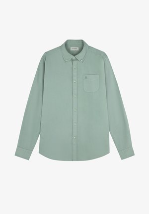Mintgrünes langärmliges Button-up-Hemd aus Baumwolle, Kragenstil, linke Brusttasche, dezente Logo-Stickerei über der Tasche.