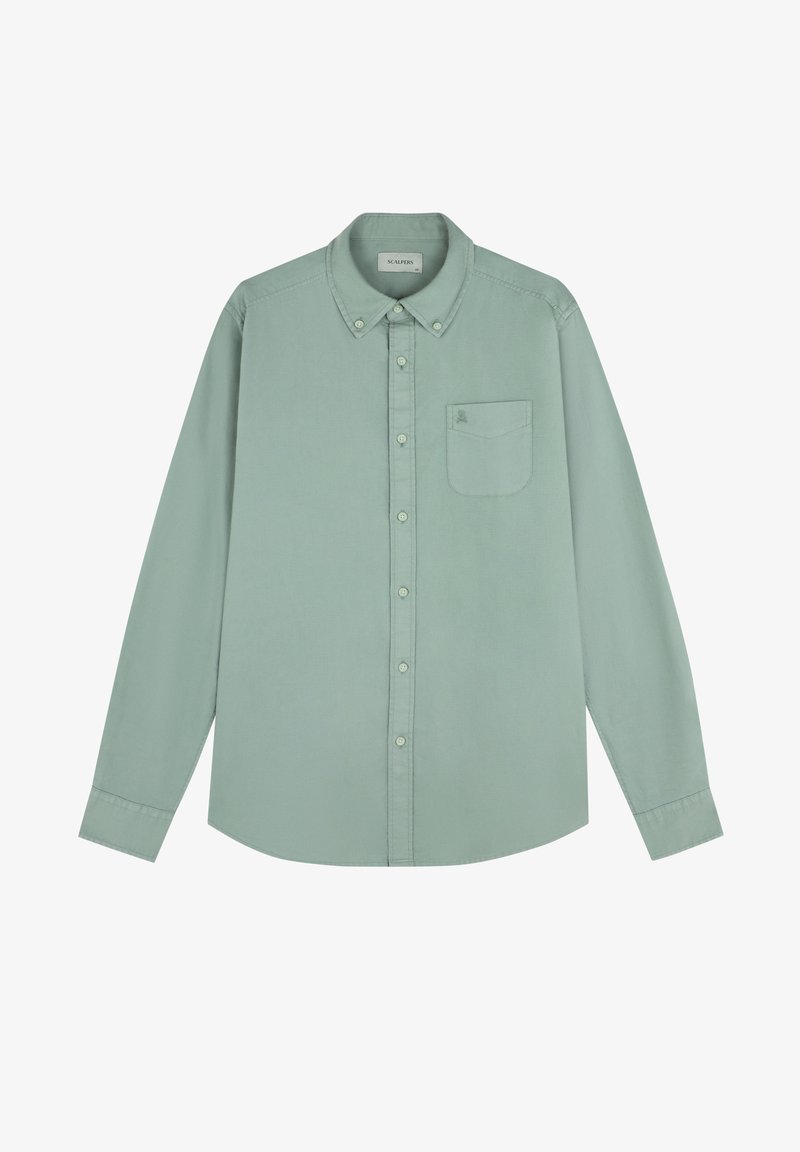 Cămașă cu mânecă lungă, verde mentă, din bumbac, cu guler, buzunar pe pieptul stâng, broderie discretă a logo-ului deasupra buzunarului.