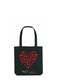 Borsa a tracolla nera con un grande cuore rosso composto da cuori più piccoli. Presenta il testo "SWEET heart" in bianco. Design semplice con manici resistenti.