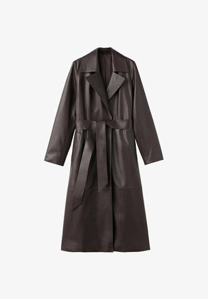 Dark brown leather trench coat with a wide collar, long sleeves, belted waist, and side pockets. Smooth texture with minimal detailing.