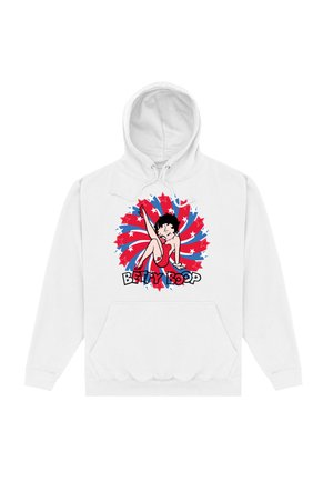 Biała bluza z kapturem z grafiką postaci z kreskówki w czerwonym stroju, otoczonej spiralami oraz wzorami gwiazd w kolorach czerwonym, białym i niebieskim.