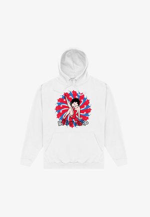 Sudadera blanca con un gráfico de un personaje de dibujos animados en un traje rojo, rodeado de patrones espirales y estrellas en rojo, blanco y azul.