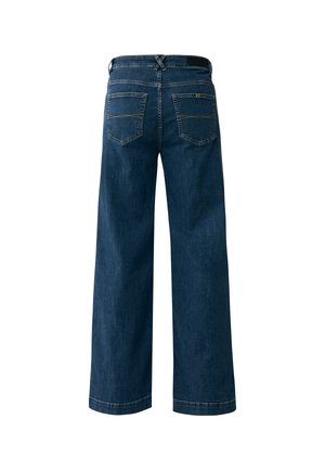 Dunkelblaue Denim-Hose mit weitem Bein und hoher Taille, sichtbaren Gesäßtaschen sowie Nähten in der Nähe der Taschenkonturen und des Saums.
