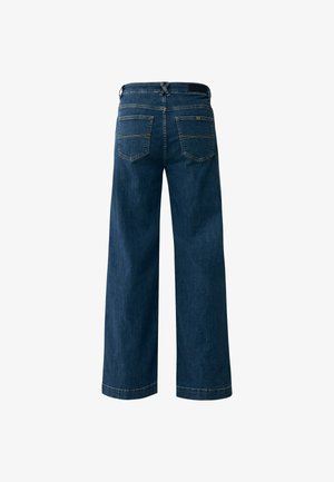 Donkerblauwe denim brede pijpen jeans met een hoge taille, zichtbare achterzakken en stikseldetails bij de zakranden en de zoom.