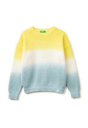 Długi sweter z dzianiny z długim rękawem i okrągłym dekoltem, z poziomymi blokami kolorów w żółtym, białym i jasnoniebieskim.