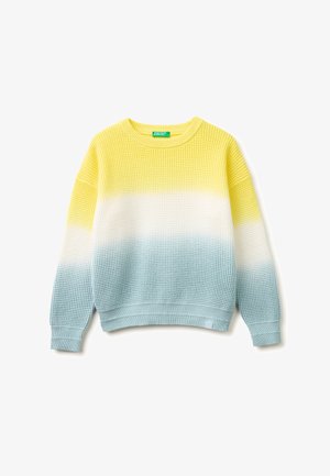 Maglione a maniche lunghe a maglia con scollo rotondo, caratterizzato da blocchi di colore orizzontali in giallo, bianco e azzurro.