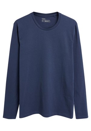 Marineblauwe langemouw t-shirt van een katoenmix, normale pasvorm, met een ronde halslijn en een gladde, lichte textuur. Beschikt over minimale naden en stiksels.