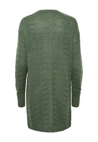 Dzianinowy kardigan w oliwkowym kolorze, z teksturowanym wzorem, długim rękawem i luźnym krojem. Tył ma prostą linię dołu.