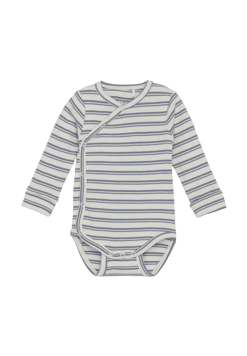 Långärmad babybodysuit i krämfärg med marinblå ränder, med en omslagsdesign och tryckknappar framtill och längst ner. Mjuk bomullsmaterial.
