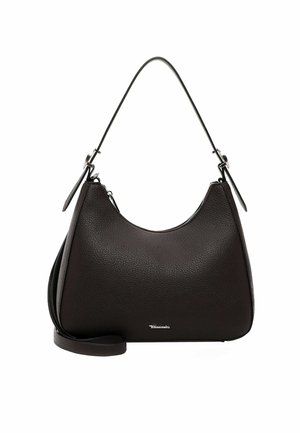 Borsa a mano in pelle marrone scuro con una texture liscia, forma curva e manico corto. Presenta una chiusura con zip e un piccolo dettaglio del logo argentato.